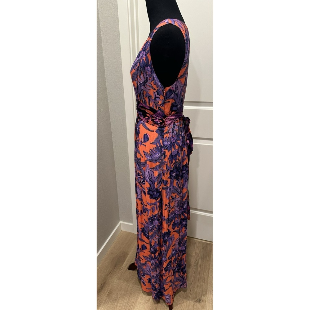 Anthropologie MAEVE Maxi Dress 6 Purple Orange Floral Waist Tie Resort Wear - Picture 3 of 5